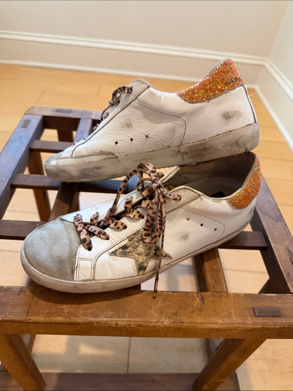 Golden Goose White Sneakers with Orange Glitter Heel and Gray Toe